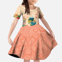 Hawaii Kauai Na Pali Coast Landscape Family Matching Off The Shoulder Long Sleeve Dress and Hawaiian Shirt LT05 Daughter's Dress Peach - Polynesian Pride