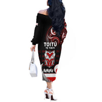 Aotearoa Toitu He Whakaputanga Off The Shoulder Long Sleeve Dress Toitu Te Tiriti O Waitangi LT05 - Polynesian Pride