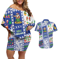 Northern Mariana Islands Christmas Couples Matching Off Shoulder Short Dress and Hawaiian Shirt Festive Beach Vibes LT05 Blue - Polynesian Pride