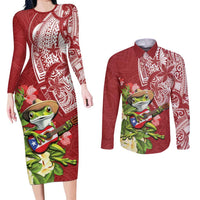 Puerto Rico Coqui Frog Couples Matching Long Sleeve Bodycon Dress and Long Sleeve Button Shirt Tropical Flowers Polynesian Style LT05 Red - Polynesian Pride