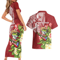 Puerto Rico Coqui Frog Couples Matching Short Sleeve Bodycon Dress and Hawaiian Shirt Tropical Flowers Polynesian Style LT05 - Polynesian Pride