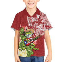 Puerto Rico Coqui Frog Family Matching Off Shoulder Short Dress and Hawaiian Shirt Tropical Flowers Polynesian Style LT05 Son's Shirt Red - Polynesian Pride