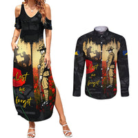 Tokelau ANZAC Day Couples Matching Summer Maxi Dress and Long Sleeve Button Shirt Lest We Forget LT05 Black - Polynesian Pride