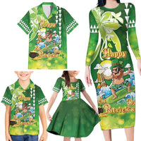 Hawaii Saint Patrick's Day Family Matching Long Sleeve Bodycon Dress and Hawaiian Shirt Funny Surfing Leprechaun LT05 - Polynesian Pride