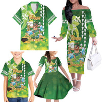 Hawaii Saint Patrick's Day Family Matching Off The Shoulder Long Sleeve Dress and Hawaiian Shirt Funny Surfing Leprechaun LT05 - Polynesian Pride