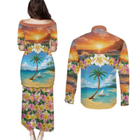 Guam Couples Matching Puletasi and Long Sleeve Button Shirt Eternal Summer Sunset Beach