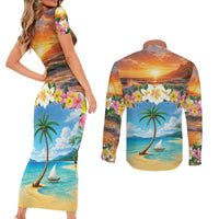 Guam Couples Matching Short Sleeve Bodycon Dress and Long Sleeve Button Shirt Eternal Summer Sunset Beach