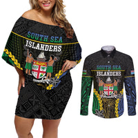 Personalised South Sea Islanders And Fiji Couples Matching Off Shoulder Short Dress and Long Sleeve Button Shirt Kanakas Fijian Tapa Pattern LT05 Black - Polynesian Pride