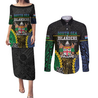 Personalised South Sea Islanders And Fiji Couples Matching Puletasi and Long Sleeve Button Shirt Kanakas Fijian Tapa Pattern LT05 Black - Polynesian Pride