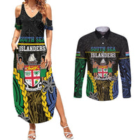 Personalised South Sea Islanders And Fiji Couples Matching Summer Maxi Dress and Long Sleeve Button Shirt Kanakas Fijian Tapa Pattern LT05 Black - Polynesian Pride