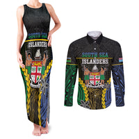 Personalised South Sea Islanders And Fiji Couples Matching Tank Maxi Dress and Long Sleeve Button Shirt Kanakas Fijian Tapa Pattern LT05 Black - Polynesian Pride