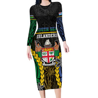 Personalised South Sea Islanders And Fiji Family Matching Long Sleeve Bodycon Dress and Hawaiian Shirt Kanakas Fijian Tapa Pattern LT05 Mom's Dress Black - Polynesian Pride