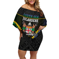 Personalised South Sea Islanders And Fiji Family Matching Off Shoulder Short Dress and Hawaiian Shirt Kanakas Fijian Tapa Pattern LT05 Mom's Dress Black - Polynesian Pride