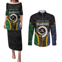 Personalised South Sea Islanders And Vanuatu Couples Matching Puletasi and Long Sleeve Button Shirt Kanakas Sand Drawing Pattern LT05 Black - Polynesian Pride