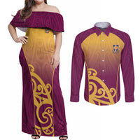 Custom Waiuku College Couples Matching Off Shoulder Maxi Dress and Long Sleeve Button Shirt Maori Koru Pattern