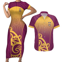 Custom Waiuku College Couples Matching Short Sleeve Bodycon Dress and Hawaiian Shirt Maori Koru Pattern LT05 Maroon - Polynesian Pride