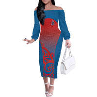 Custom St Joseph's Maori Girls' College Family Matching Off The Shoulder Long Sleeve Dress and Hawaiian Shirt Maori Koru Pattern LT05 Mom's Dress Blue - Polynesian Pride