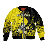 Personalised New Caledonia Day Sleeve Zip Bomber Jacket Kanaky Flag Coat Of Arms Polynesian Pattern LT05 Unisex Yellow - Polynesian Pride