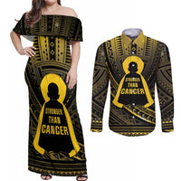 Personalised Polynesia Childhood Cancer Awareness Couples Matching Off Shoulder Maxi Dress and Long Sleeve Button Shirt You Are Stronger Than Cancer