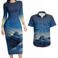 New Zealand Matariki Couples Matching Long Sleeve Bodycon Dress and Hawaiian Shirt Maori Waka With Silver Fern LT05 Navy - Polynesian Pride