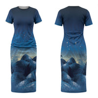 New Zealand Matariki Family Matching Short Sleeve Bodycon Dress and Hawaiian Shirt Maori Waka With Silver Fern LT05 Mom's Dress Navy - Polynesian Pride