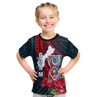 Personalized Guam Kid T Shirt Latte Stone Mix Bougainvillea Polynesian Pattern LT05 Blue - Polynesian Pride