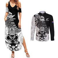 Custom New Zealand Fern Rugby Couples Matching Summer Maxi Dress and Long Sleeve Button Shirts World Cup 2023 Go Aotearoa Maori Pattern LT05 Black - Polynesian Pride
