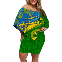 Malampa Day Off Shoulder Short Dress Sand Drawing Vanuatuan Pattern LT05 Women Green - Polynesian Pride
