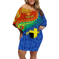 Tafea Day Off Shoulder Short Dress Sand Drawing Vanuatuan Pattern LT05 Women Blue - Polynesian Pride