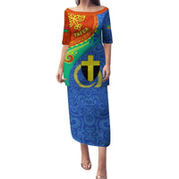 Tafea Day Puletasi Sand Drawing Vanuatuan Pattern LT05 Long Dress Blue - Polynesian Pride