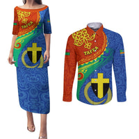 Personalized Tafea Day Couples Matching Puletasi Dress and Long Sleeve Button Shirts Sand Drawing Vanuatuan Pattern LT05 Blue - Polynesian Pride