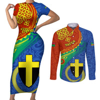 personalized-tafea-day-couples-matching-short-sleeve-bodycon-dress-and-long-sleeve-button-shirts-sand-drawing-vanuatuan-pattern