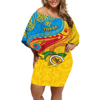 Personalized Torba Day Off Shoulder Short Dress Sand Drawing Vanuatuan Pattern LT05 Women Yellow - Polynesian Pride