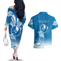 Personalised FSM Yap Constitution Day Couples Matching Off The Shoulder Long Sleeve Dress and Hawaiian Shirt Polynesian Batoids LT05 - Polynesian Pride