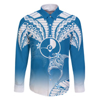 Personalised FSM Yap Constitution Day Family Matching Short Sleeve Bodycon Dress and Hawaiian Shirt Polynesian Batoids LT05 Dad's Shirt - Long Sleeve Blue - Polynesian Pride