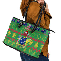 Cook Islands Christmas Leather Tote Bag Santa Coat Of Arms Meri Kiritimiti LT05 - Polynesian Pride