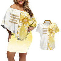 Personalised Polynesia Couples Matching Off Shoulder Short Dress and Hawaiian Shirt Bahai Faith Symbol LT05 Yellow - Polynesian Pride