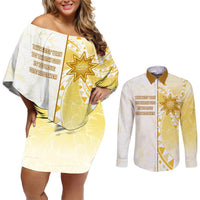 Personalised Polynesia Couples Matching Off Shoulder Short Dress and Long Sleeve Button Shirt Bahai Faith Symbol LT05 Yellow - Polynesian Pride
