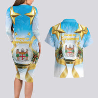 Fiji Christmas Couples Matching Long Sleeve Bodycon Dress and Hawaiian Shirt Snow Globe With Fijian Santa LT05 - Polynesian Pride