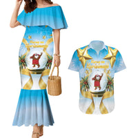 Fiji Christmas Couples Matching Mermaid Dress and Hawaiian Shirt Snow Globe With Fijian Santa LT05 Blue - Polynesian Pride