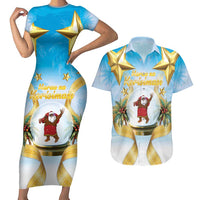 Fiji Christmas Couples Matching Short Sleeve Bodycon Dress and Hawaiian Shirt Snow Globe With Fijian Santa LT05 - Polynesian Pride