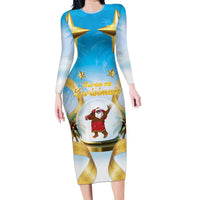 Fiji Christmas Family Matching Long Sleeve Bodycon Dress and Hawaiian Shirt Snow Globe With Fijian Santa LT05 Mom's Dress Blue - Polynesian Pride