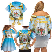 Fiji Christmas Family Matching Off Shoulder Short Dress and Hawaiian Shirt Snow Globe With Fijian Santa LT05 - Polynesian Pride