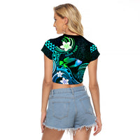 Personalised Hawaii Humuhumu Reef Triggerfish Raglan Cropped T Shirt Turquoise With Plumeria LT05 - Polynesian Pride