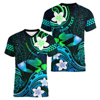 Personalised Hawaii Humuhumu Reef Triggerfish Women V Neck T Shirt Turquoise With Plumeria LT05 - Polynesian Pride