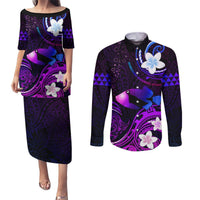 Personalised Hawaii Humuhumu Reef Triggerfish Couples Matching Puletasi and Long Sleeve Button Shirt Violet With Plumeria LT05 Violet - Polynesian Pride