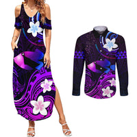 Personalised Hawaii Humuhumu Reef Triggerfish Couples Matching Summer Maxi Dress and Long Sleeve Button Shirt Violet With Plumeria LT05 Violet - Polynesian Pride
