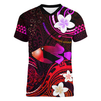 Personalised Hawaii Humuhumu Reef Triggerfish Women V Neck T Shirt Maroon With Plumeria LT05 Female Maroon - Polynesian Pride