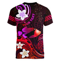 Personalised Hawaii Humuhumu Reef Triggerfish Women V Neck T Shirt Maroon With Plumeria LT05 - Polynesian Pride