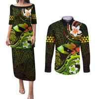 Personalised Hawaii Humuhumu Reef Triggerfish Couples Matching Puletasi and Long Sleeve Button Shirt Reggae With Plumeria LT05 Reggae - Polynesian Pride